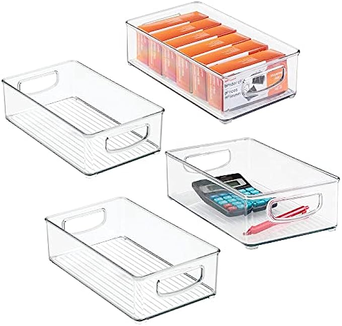 mDesign Small Plastic Office Storage Container Bins with Handles for Organization in Filing Cabinet, Closet Shelf, or Desk Drawers, Organizer for Notes, Pens, Pencils, and Staples - 4 Pack - Clear